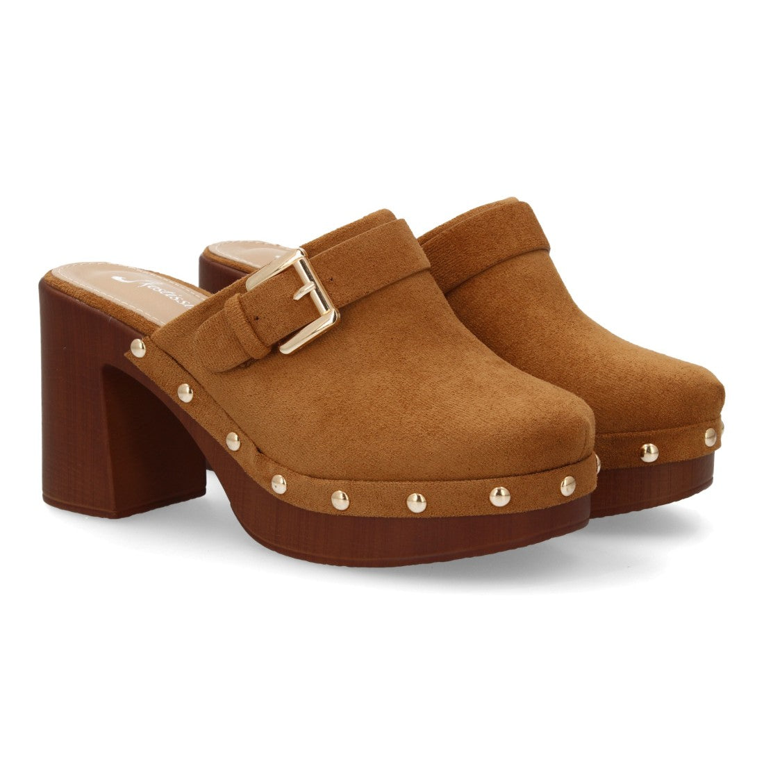 Zueco camel punta cerrada madera mujer