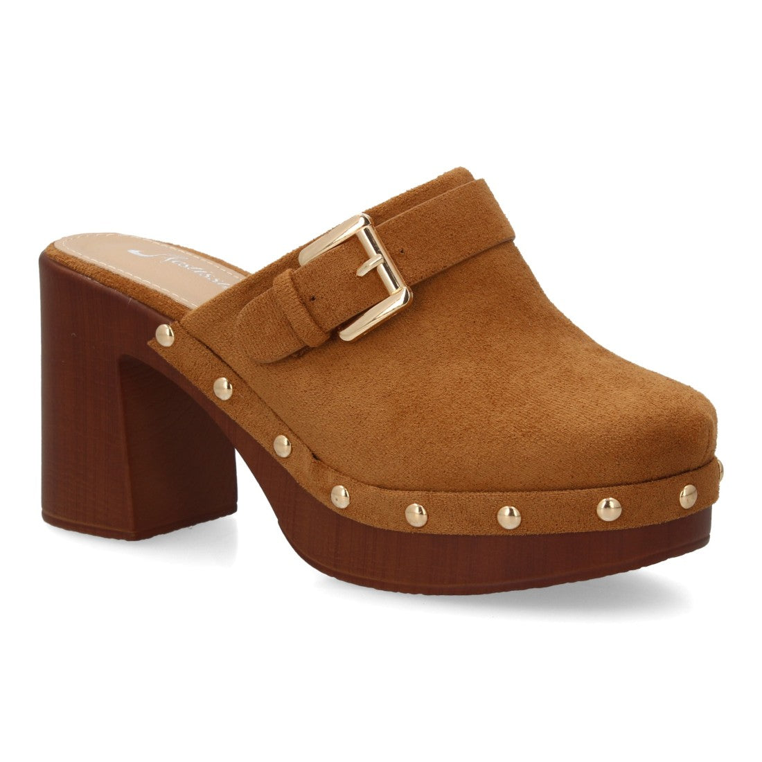 Zueco camel punta cerrada madera mujer
