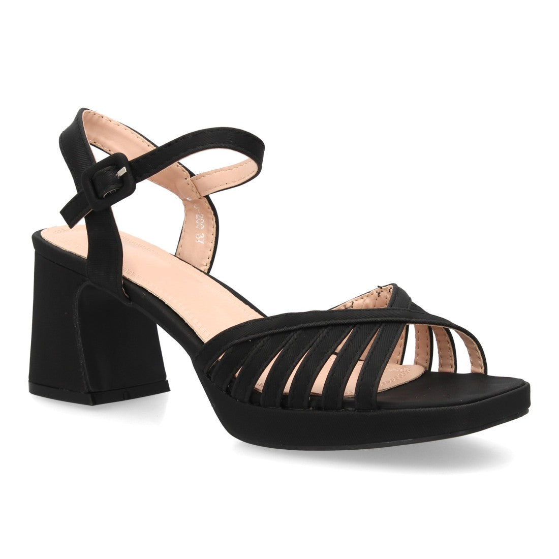 Sandalia tacón ancho negro multi tira fiesta