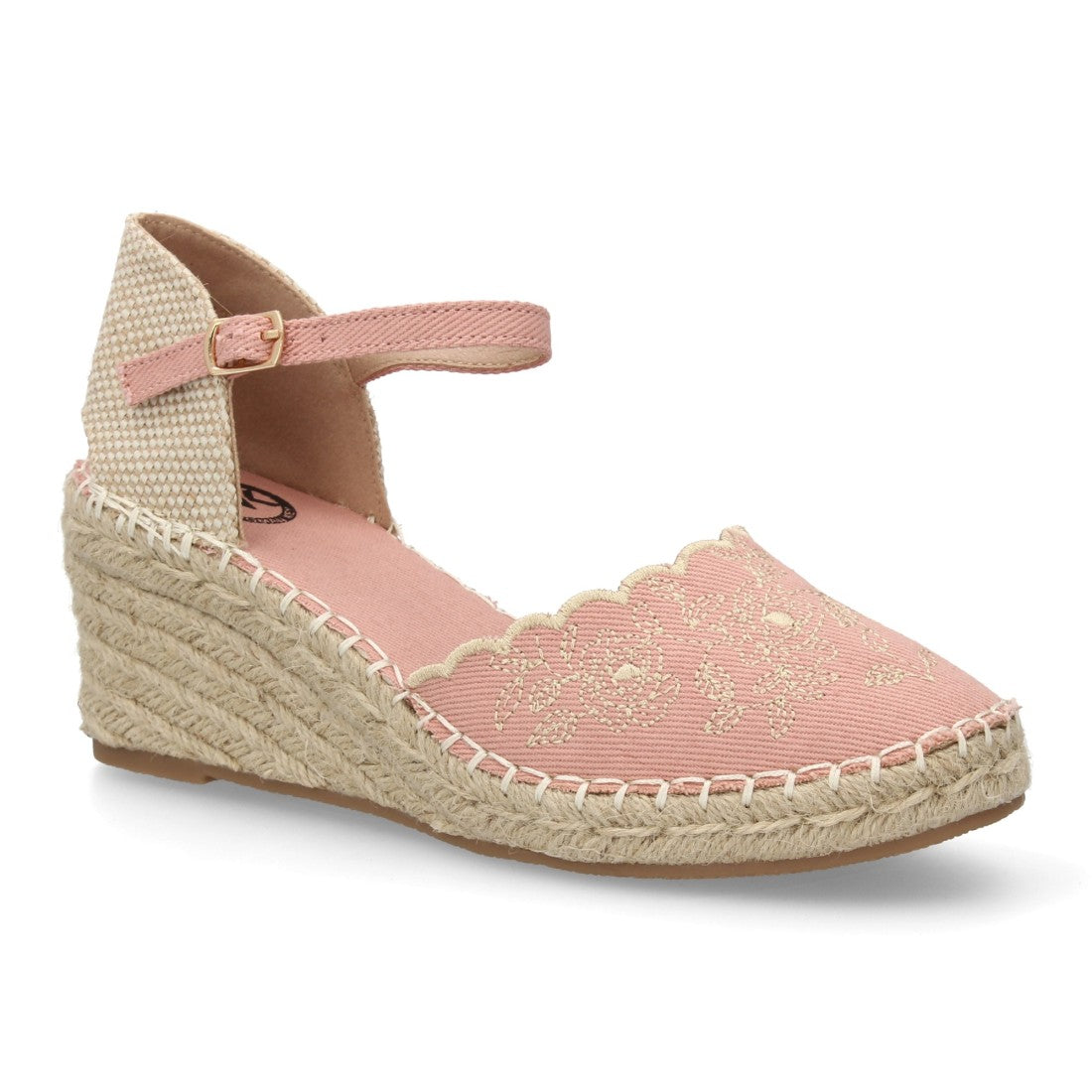 Sandalia rosa mujer con cuña y bordado floral decorativo en la parte frontal.