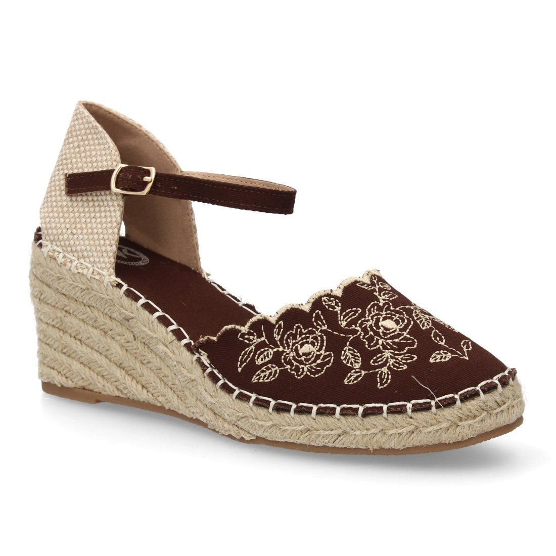 Sandalia valenciana marrón con bordados florales y plataforma de yute.