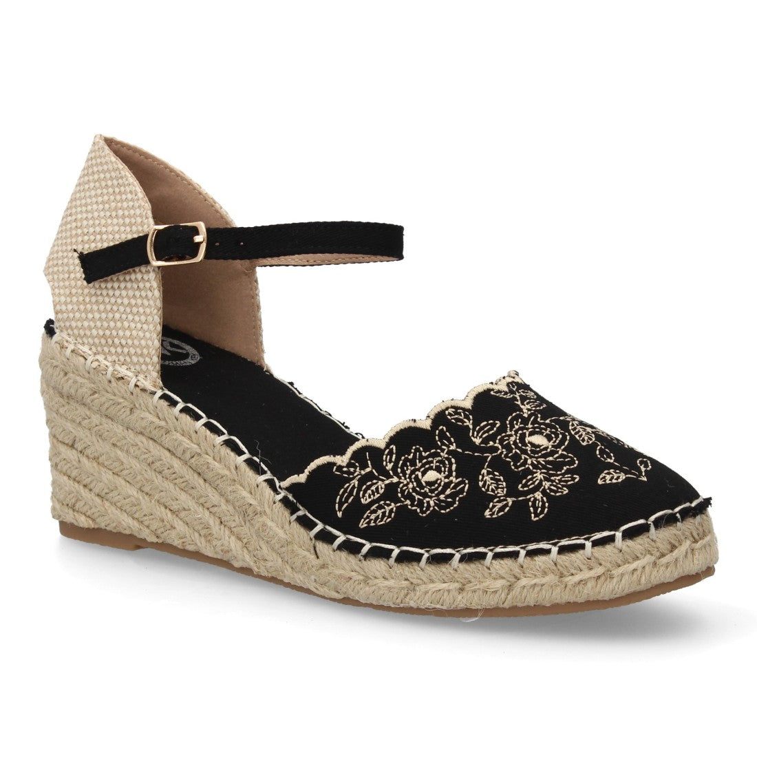 Sandalia negra con bordado de flores y suela de esparto tipo valenciana.