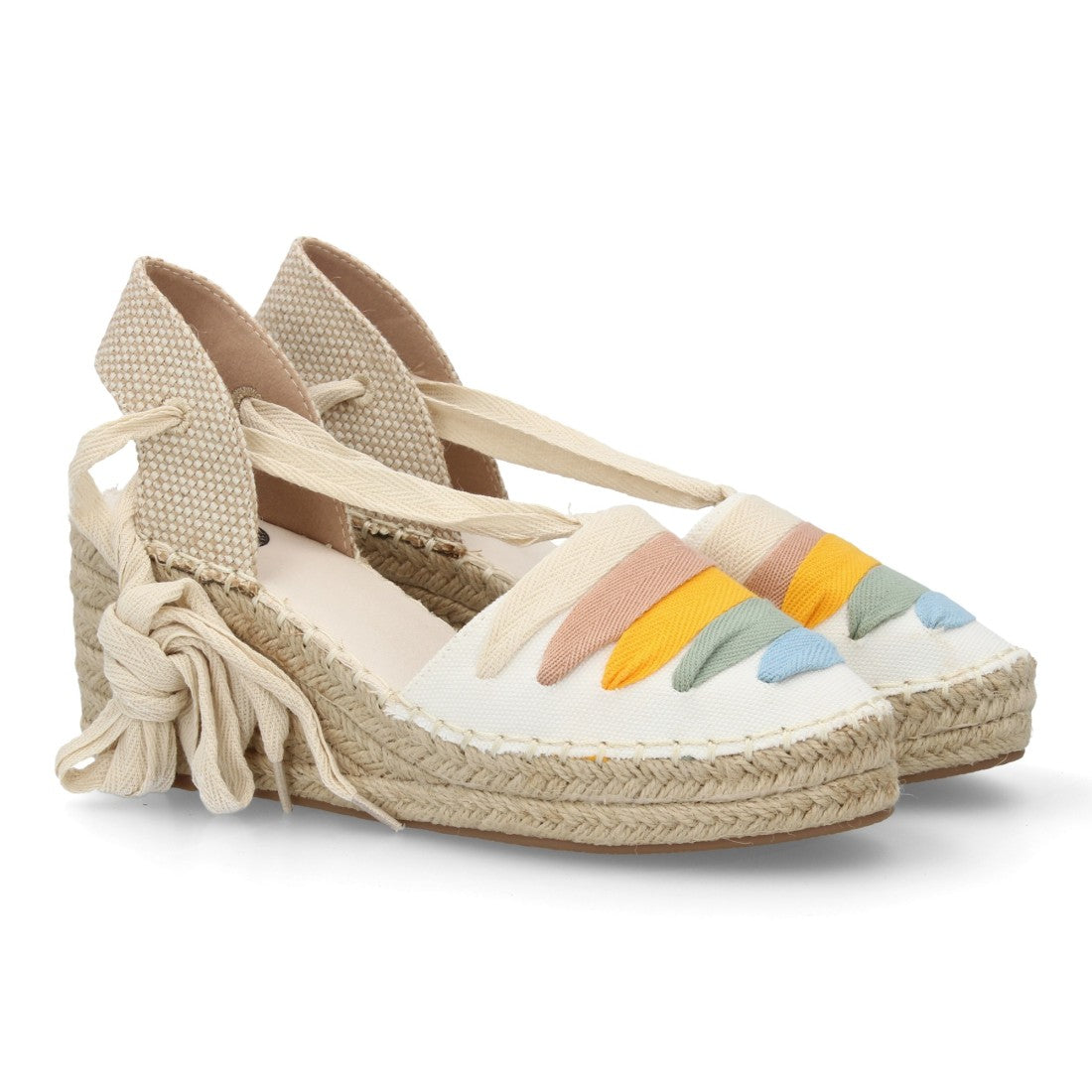 Sandalia valenciana cuña mujer blanca tiras y lazada cuerdas