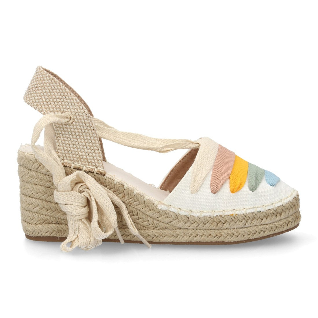 Sandalia valenciana cuña mujer blanca tiras y lazada cuerdas