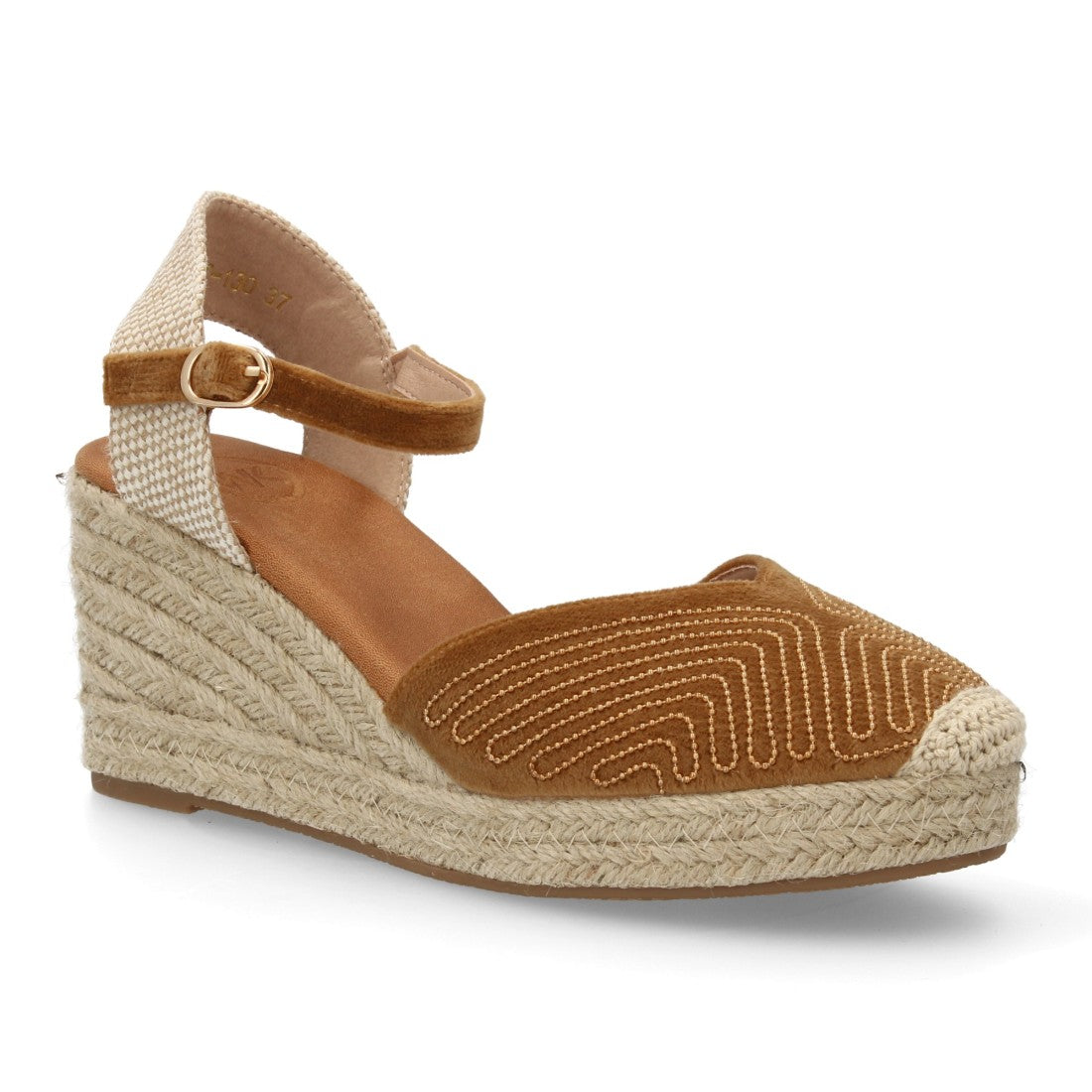 Sandalia cuña mujer kaki con detalles de tachuelas y suela de esparto.