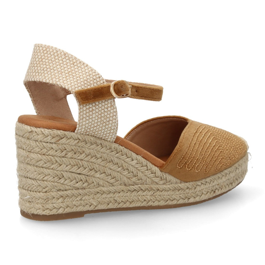 Sandalia cuña mujer kaki con detalles de tachuelas y suela de esparto.