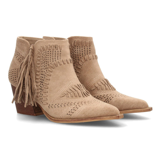 botin cowboy beige calado flecos mujer