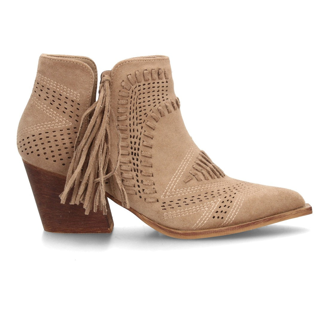 botin cowboy beige calado flecos mujer