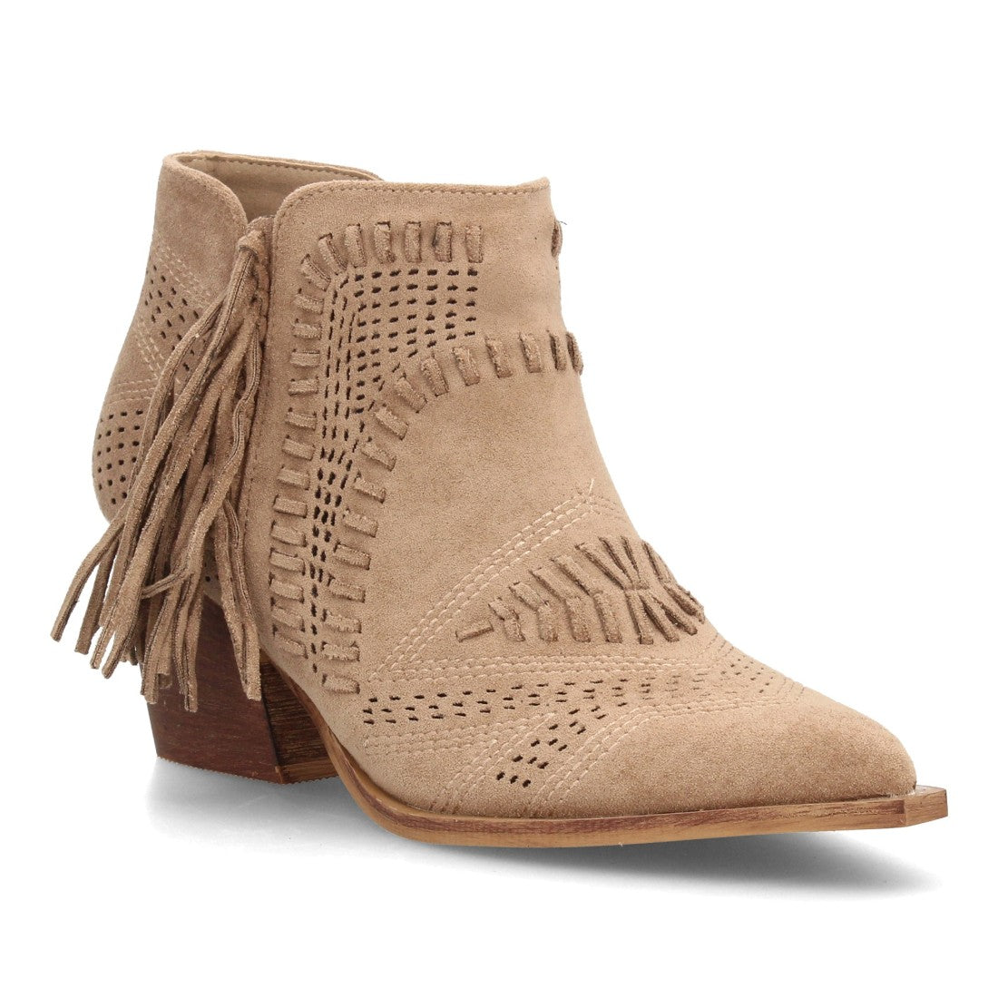 botin cowboy beige calado flecos mujer
