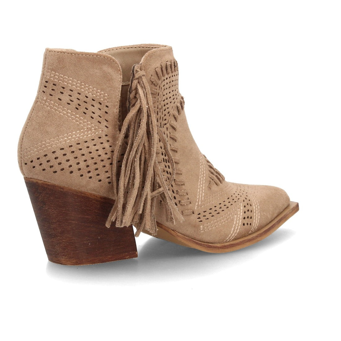 botin cowboy beige calado flecos mujer