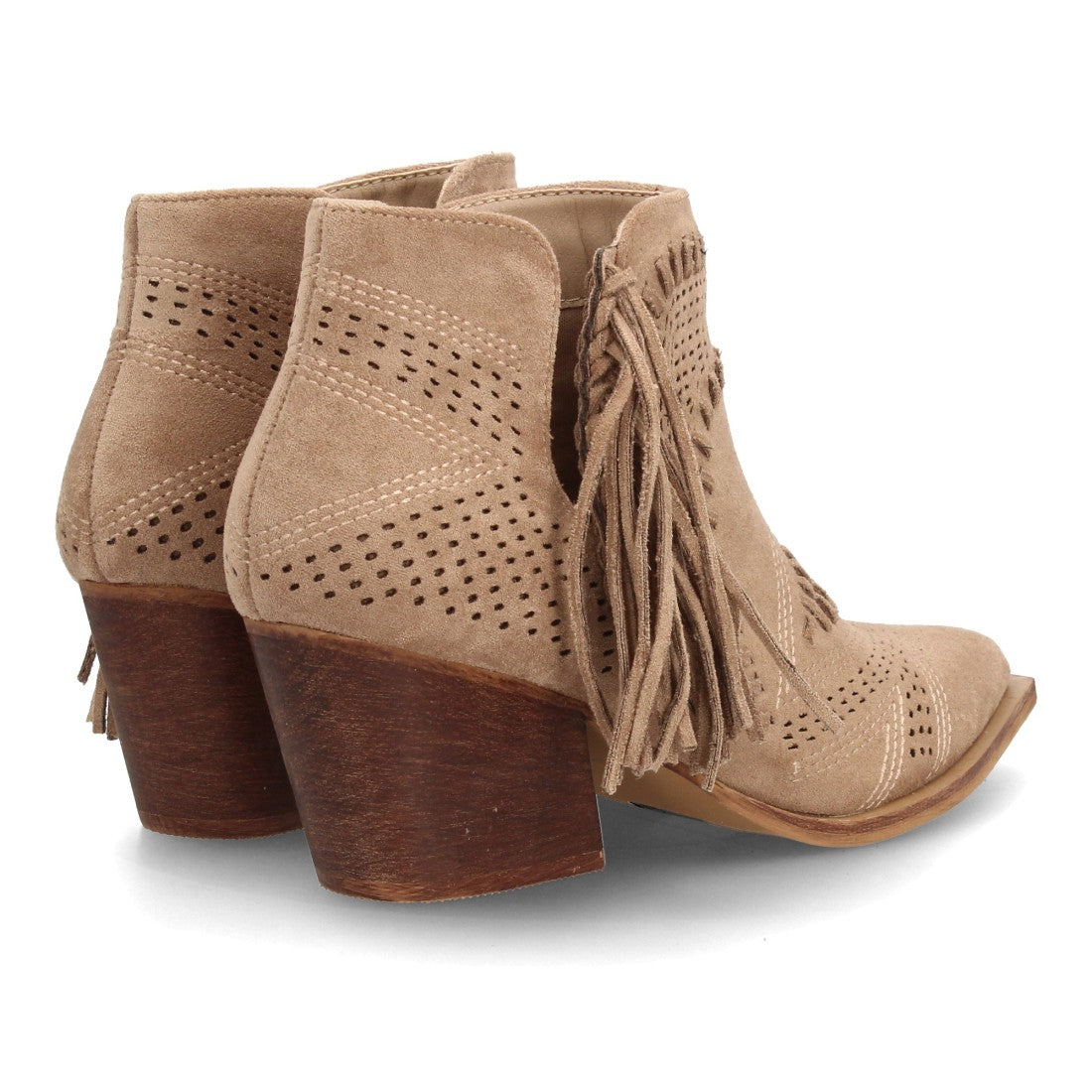 botin cowboy beige calado flecos mujer