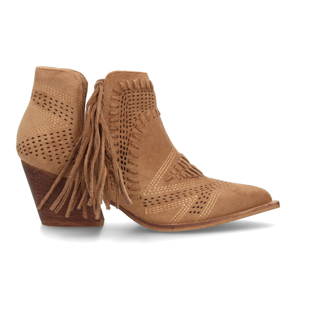 botin cowboy camel calado flecos mujer