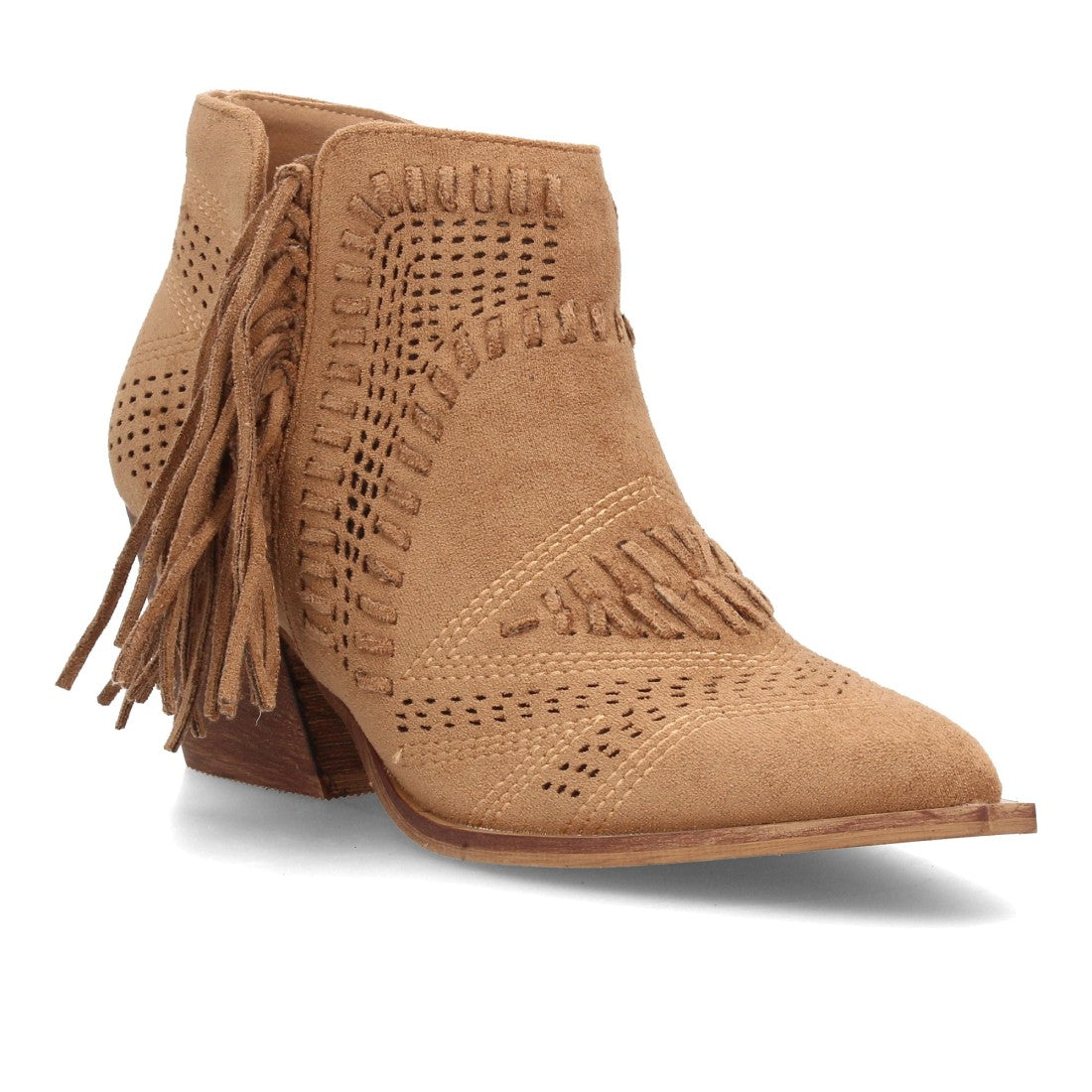 botin cowboy camel calado flecos mujer