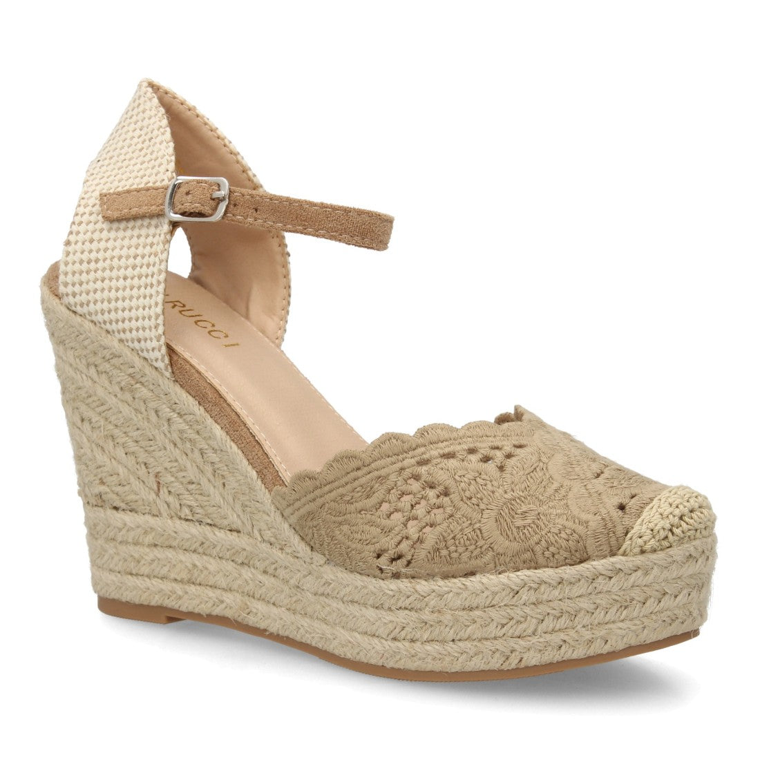Alpargata cuña esparto taupe bordado artesanal