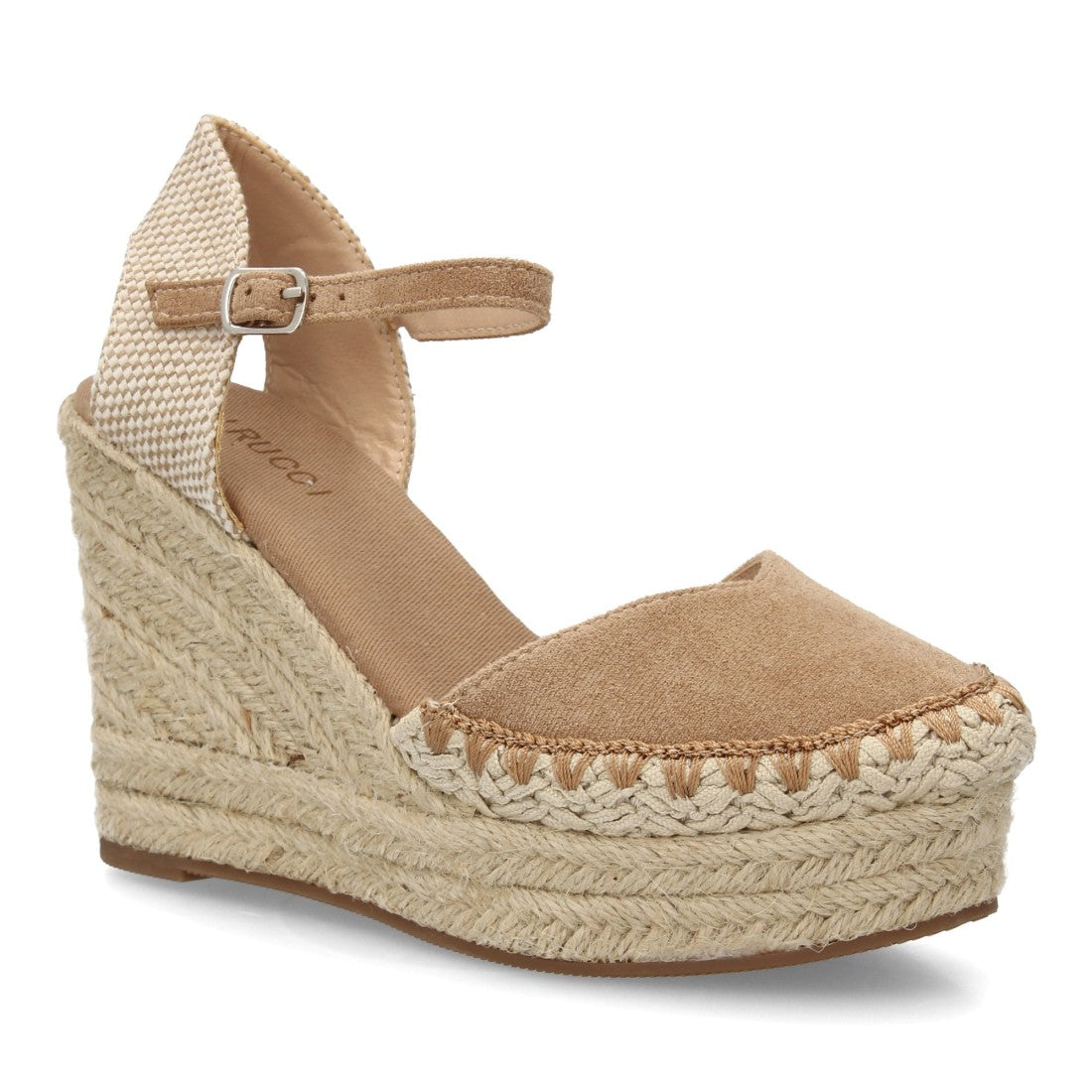 Sandalia alpargata taupe cuña detalle decorativo