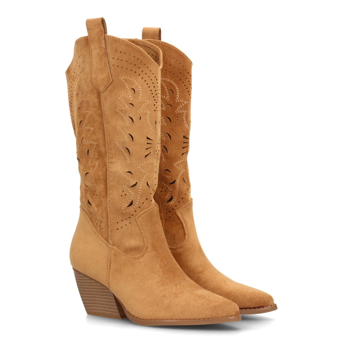 Bota alta cowboy camel con diseño troquelado decorativo
