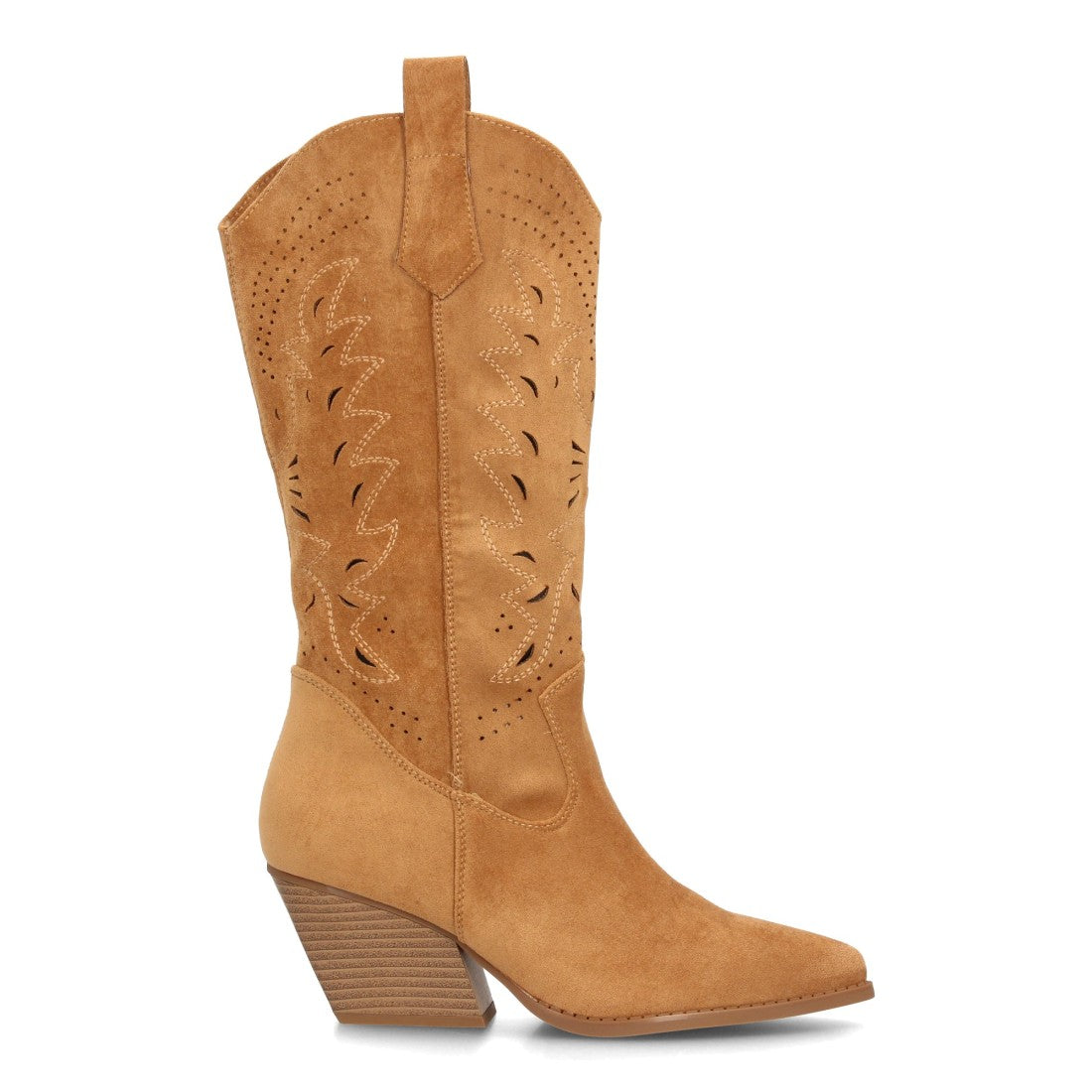 Bota alta cowboy camel con diseño troquelado decorativo