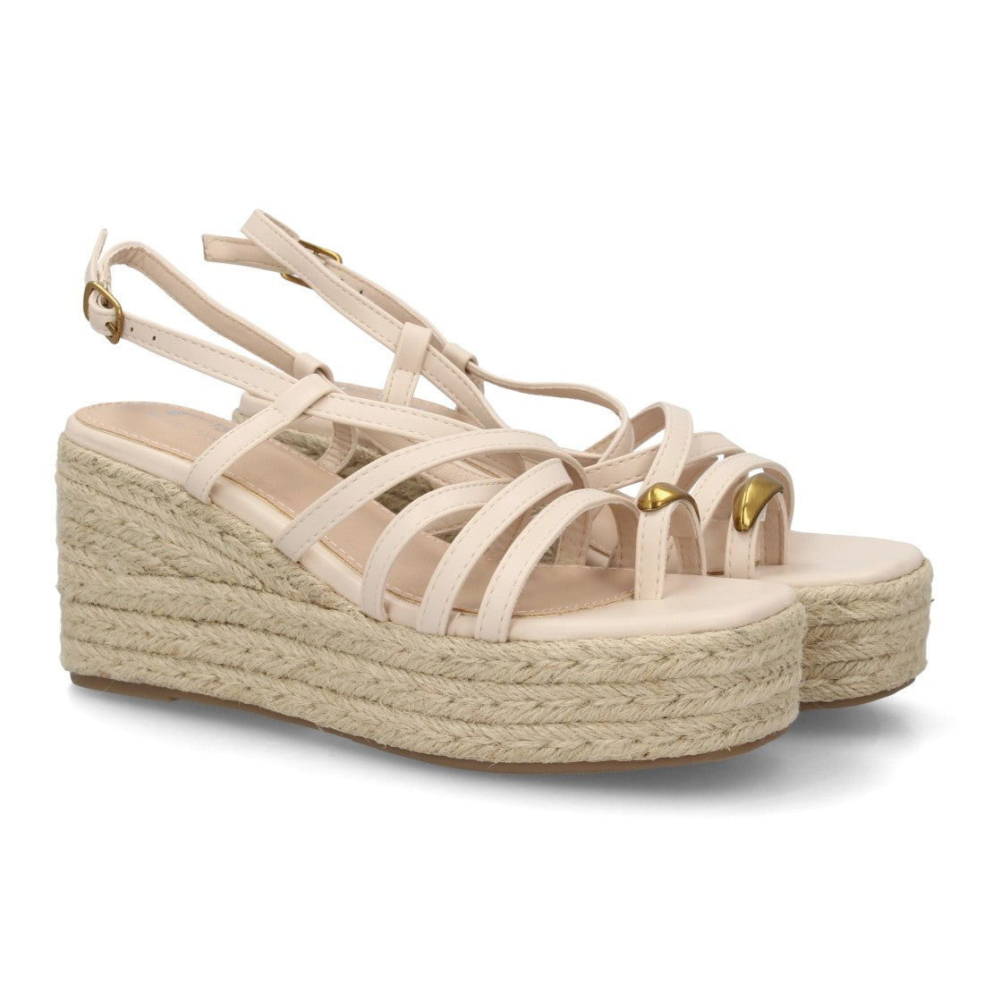 Sandalia cuña beige tiras finas cruzadas detalle metálico