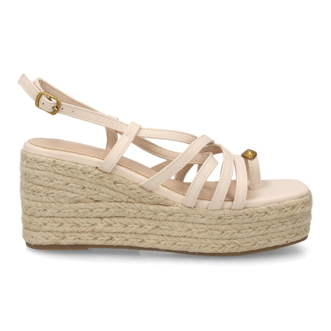 Sandalia cuña beige tiras finas cruzadas detalle metálico