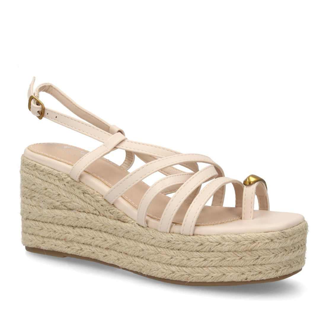 Sandalia cuña beige tiras finas cruzadas detalle metálico