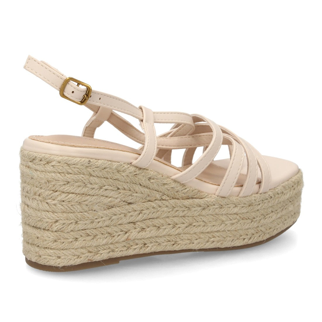 Sandalia cuña beige tiras finas cruzadas detalle metálico
