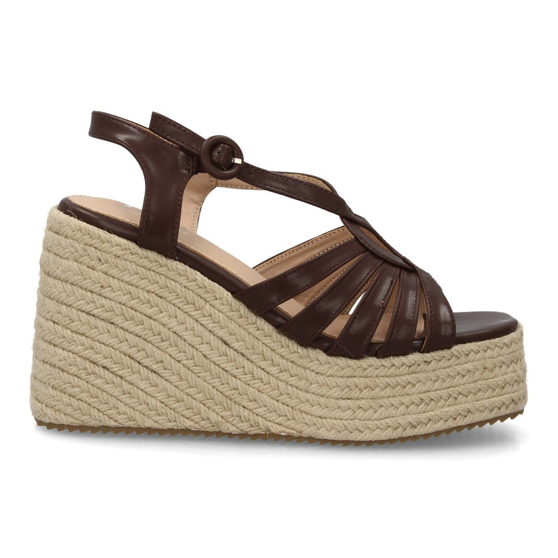 Sandalia cuña esparto marrón tiras múltiples pulsera ajustable
