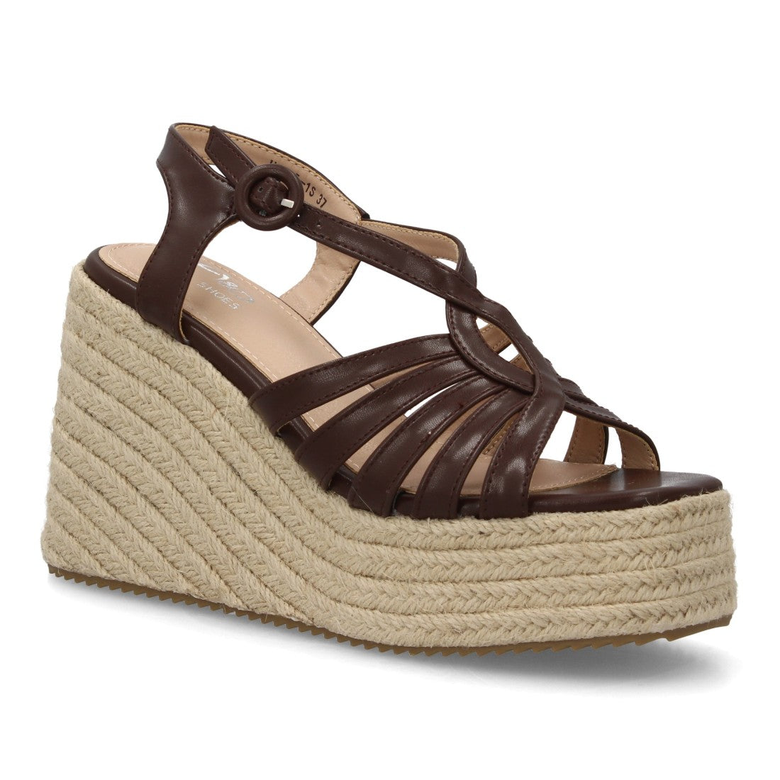 Sandalia cuña esparto marrón tiras múltiples pulsera ajustable