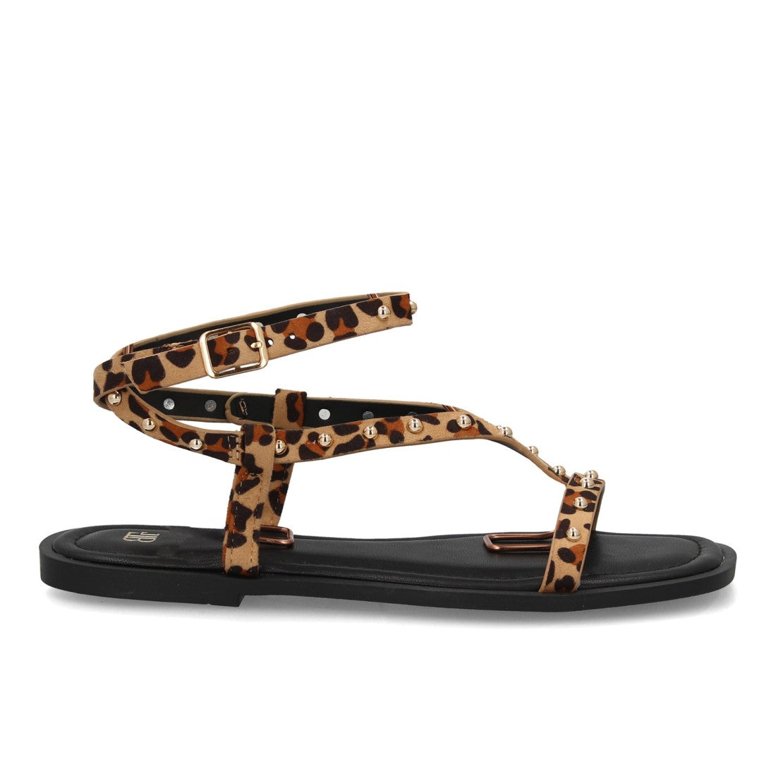 Sandalia plana estampado leopardo con tachuelas metálicas