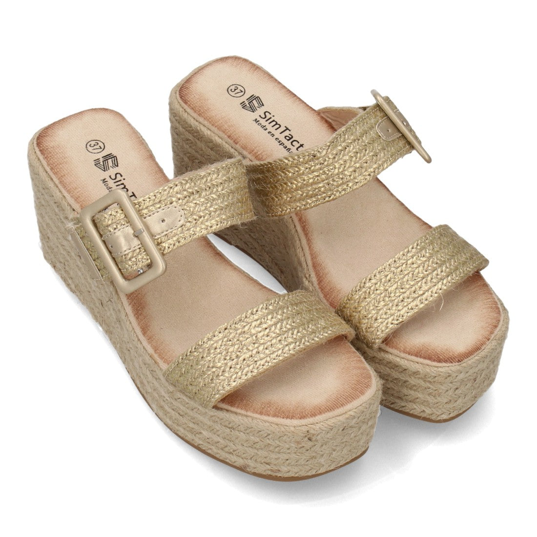 Sandalia cuña oro plataforma esparto fiesta