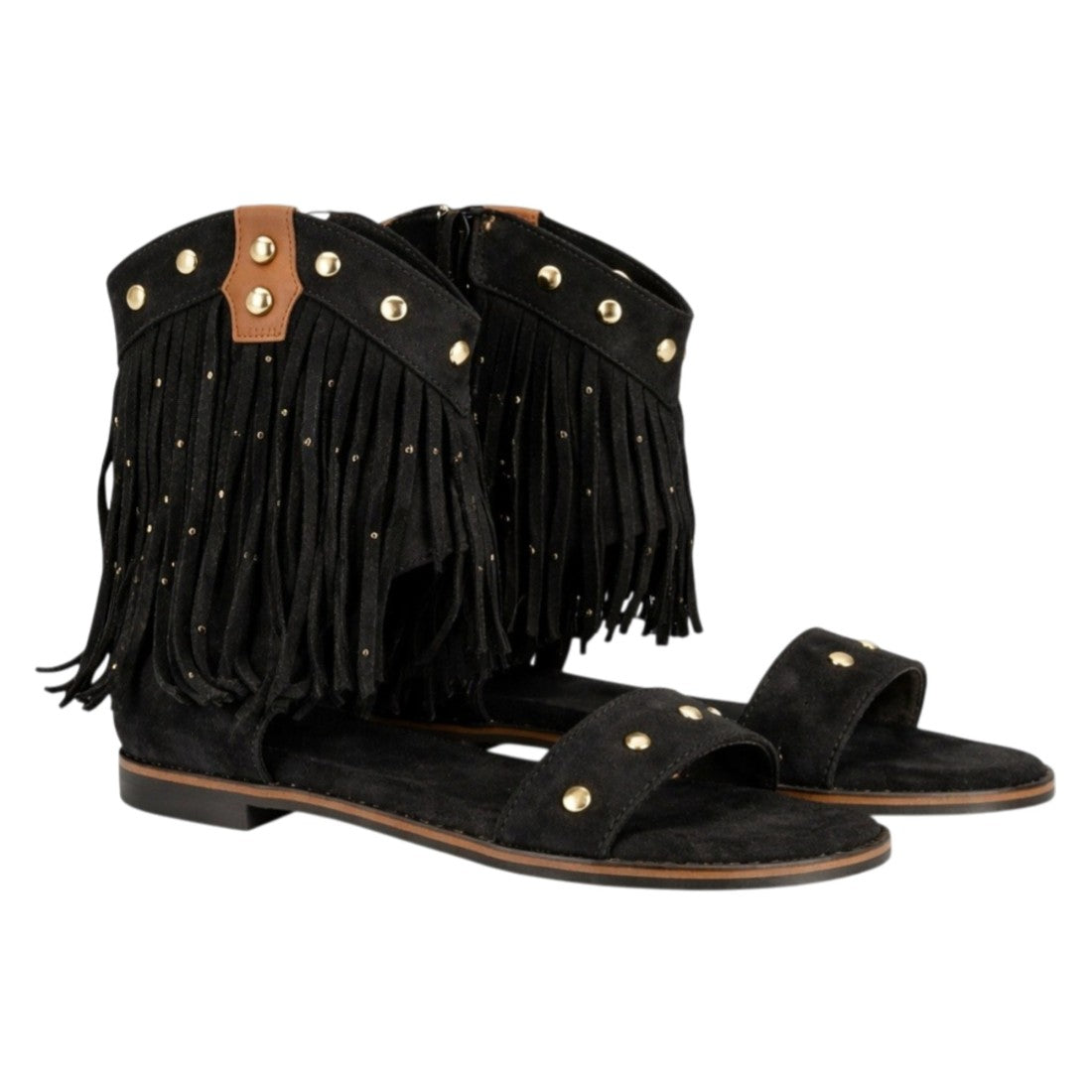 Sandalia negra plana boho mujer flecos tachuelas abierta