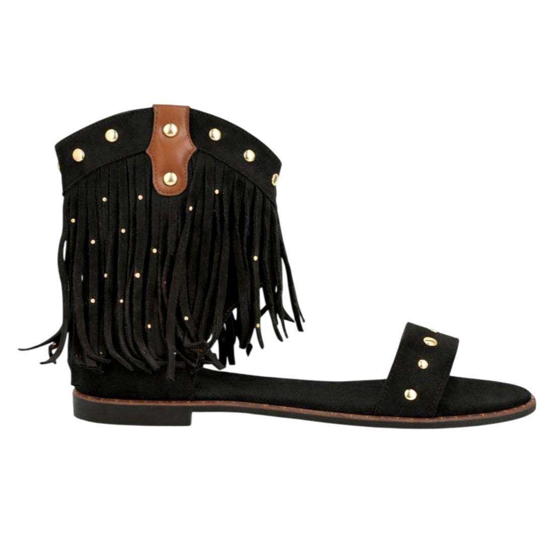 Sandalia negra plana boho mujer flecos tachuelas abierta