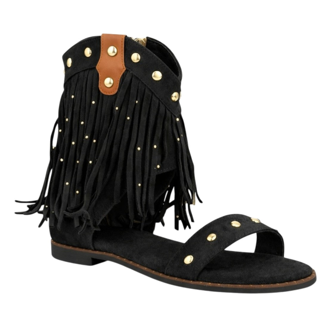 Sandalia negra plana boho mujer flecos tachuelas abierta