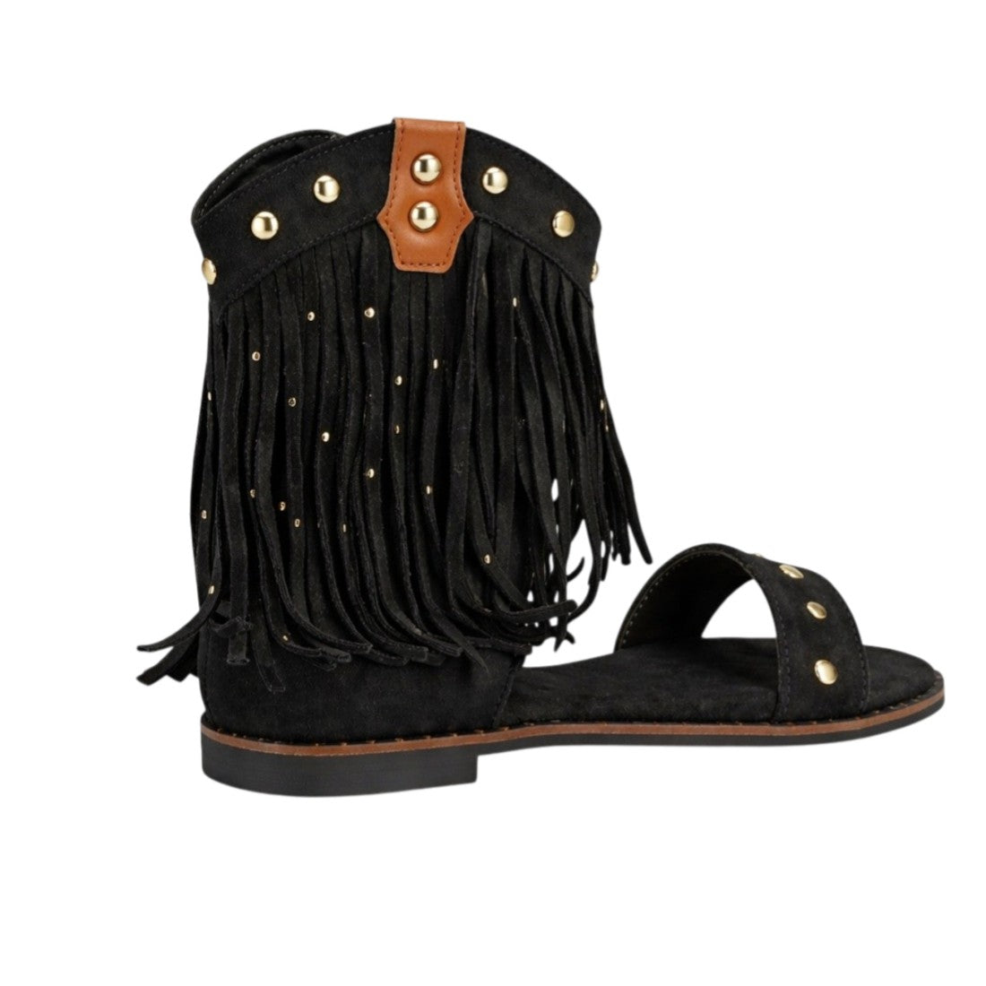 Sandalia negra plana boho mujer flecos tachuelas abierta