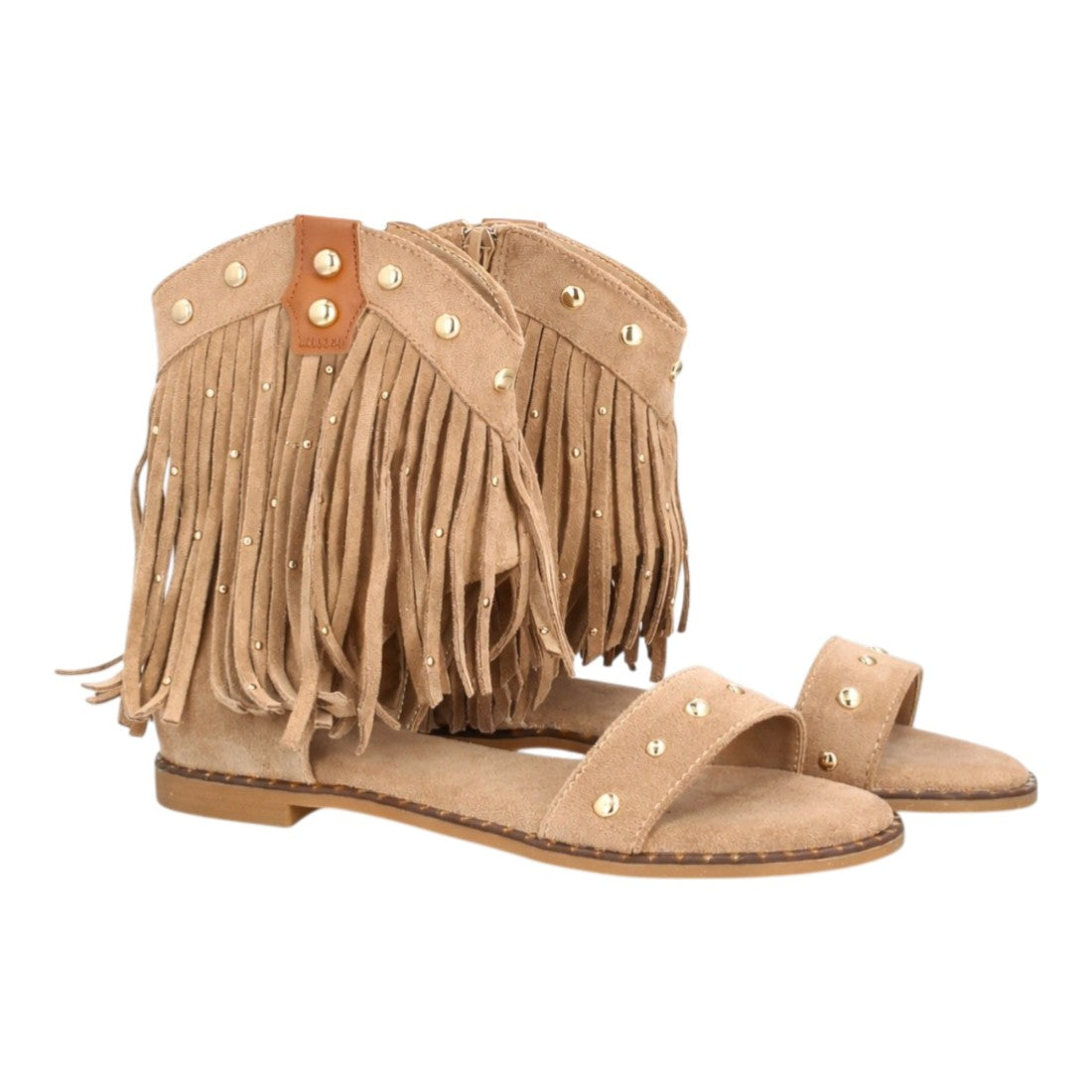 Sandalia plana boho kaki mujer flecos tachuelas botín abierto