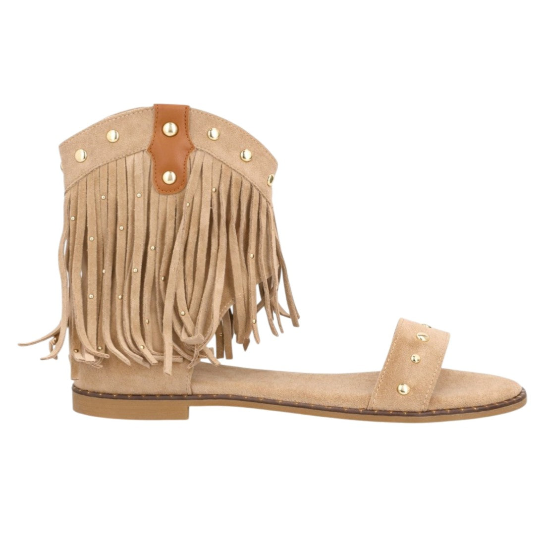 Sandalia plana boho kaki mujer flecos tachuelas botín abierto