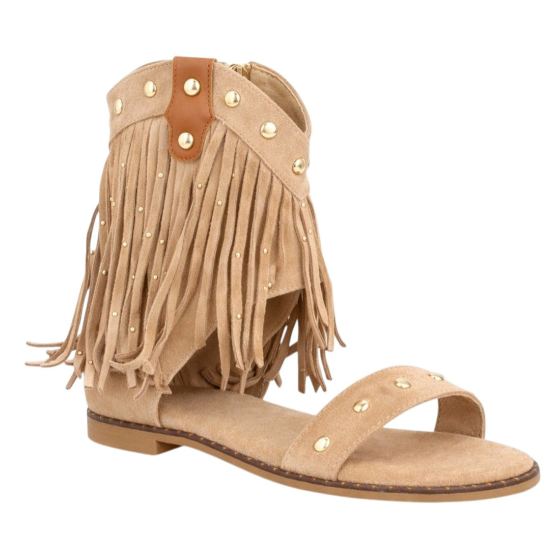 Sandalia plana boho kaki mujer flecos tachuelas botín abierto