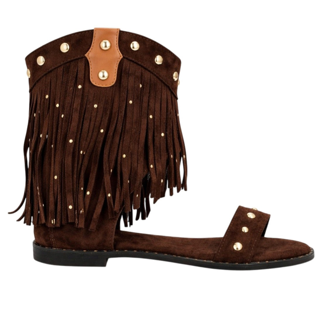 Sandalia boho marrón flecos tachuelas diseño botín abierto