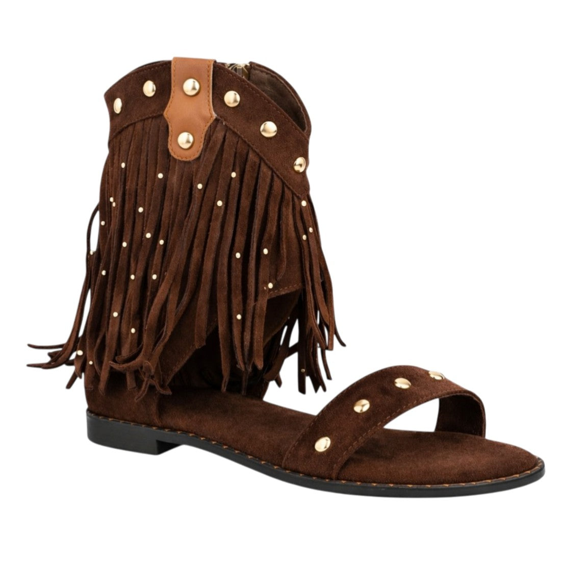 Sandalia boho marrón flecos tachuelas diseño botín abierto