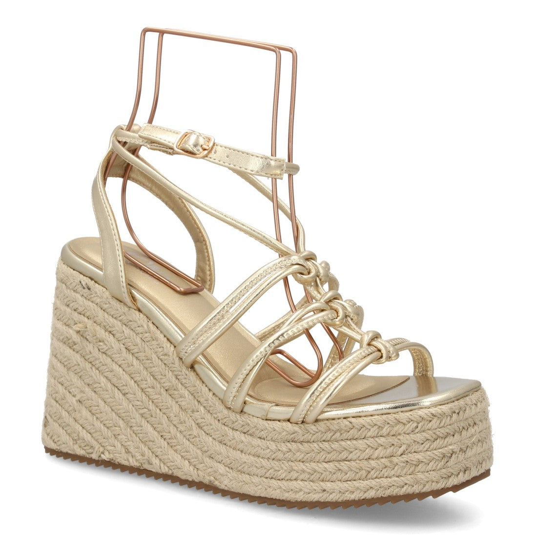 Sandalia cuña oro metalizada tiras nudos esparto ajustable