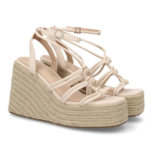 Sandalia cuña beige tiras anudadas esparto detalle nudos