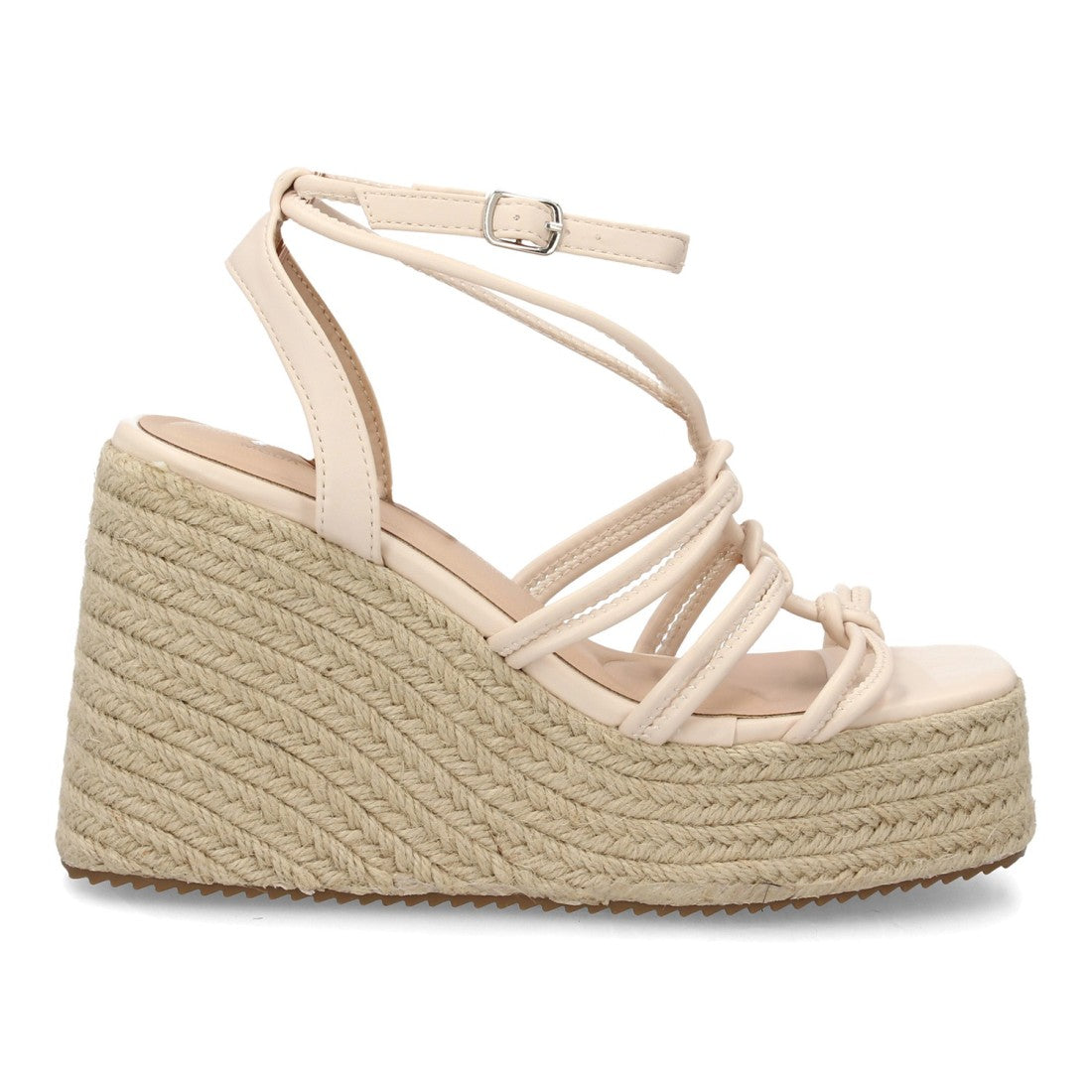 Sandalia cuña beige tiras anudadas esparto detalle nudos