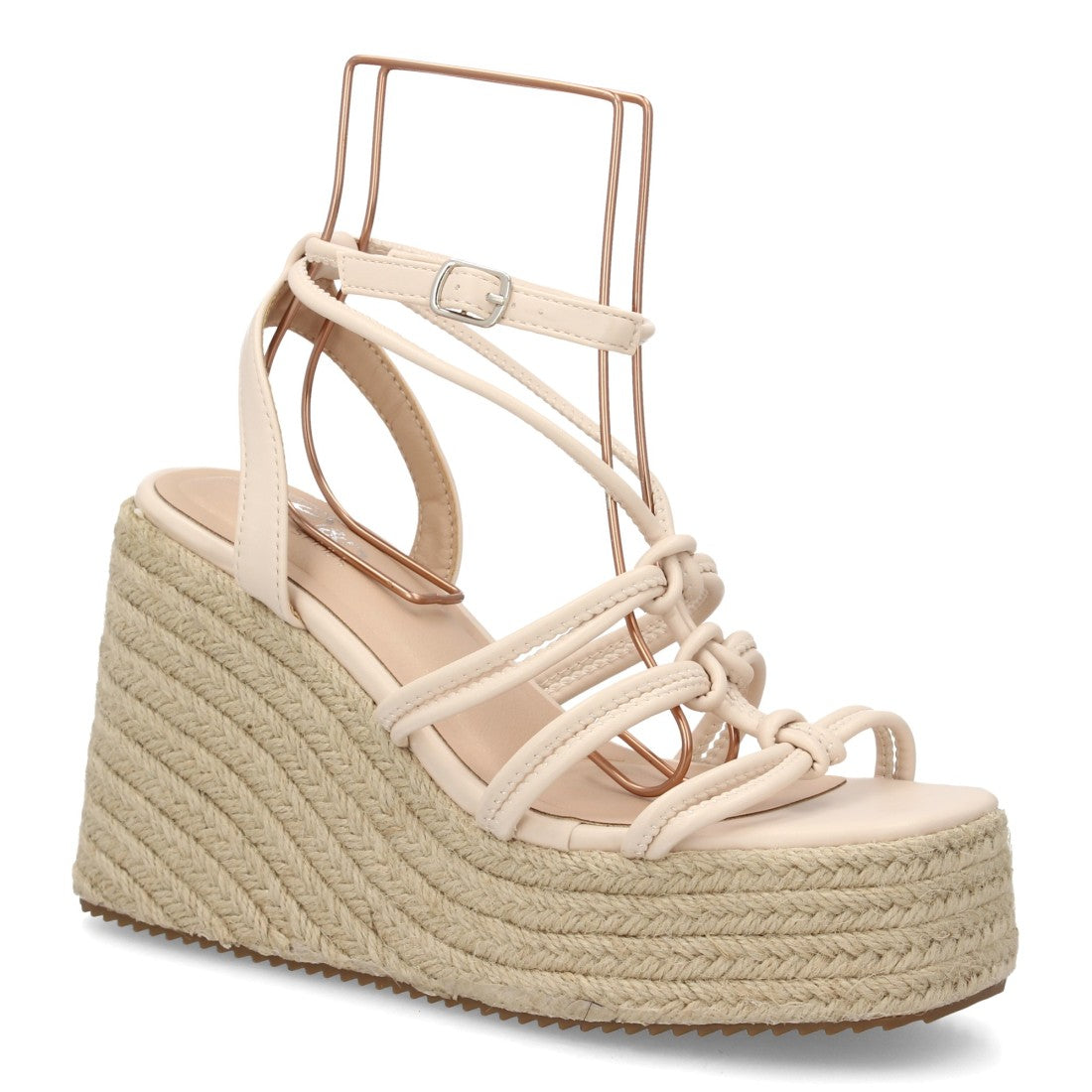 Sandalia cuña beige tiras anudadas esparto detalle nudos