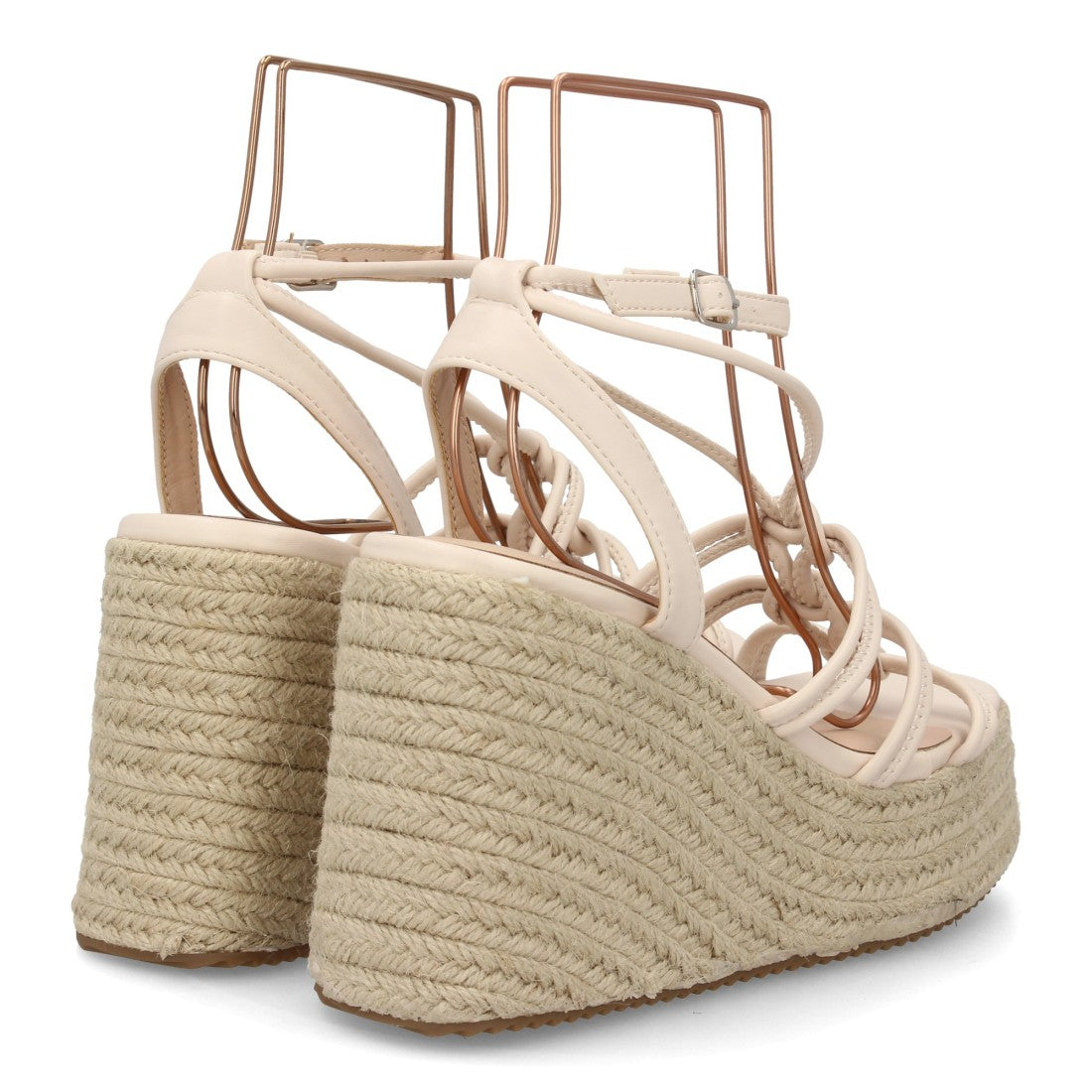 Sandalia cuña beige tiras anudadas esparto detalle nudos