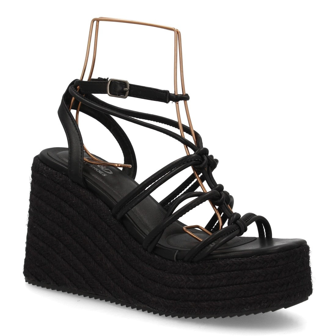 Sandalia cuña negra tiras nudos plataforma esparto cómoda