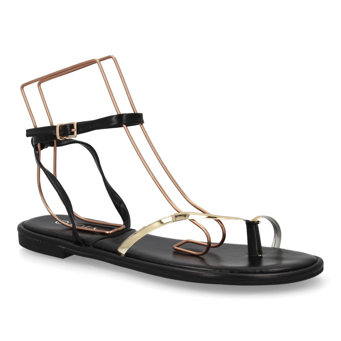 Sandalia plana negra tiras finas minimalista mujer
