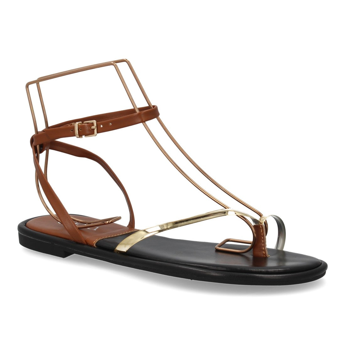 Sandalia plana camel tiras finas minimalista mujer