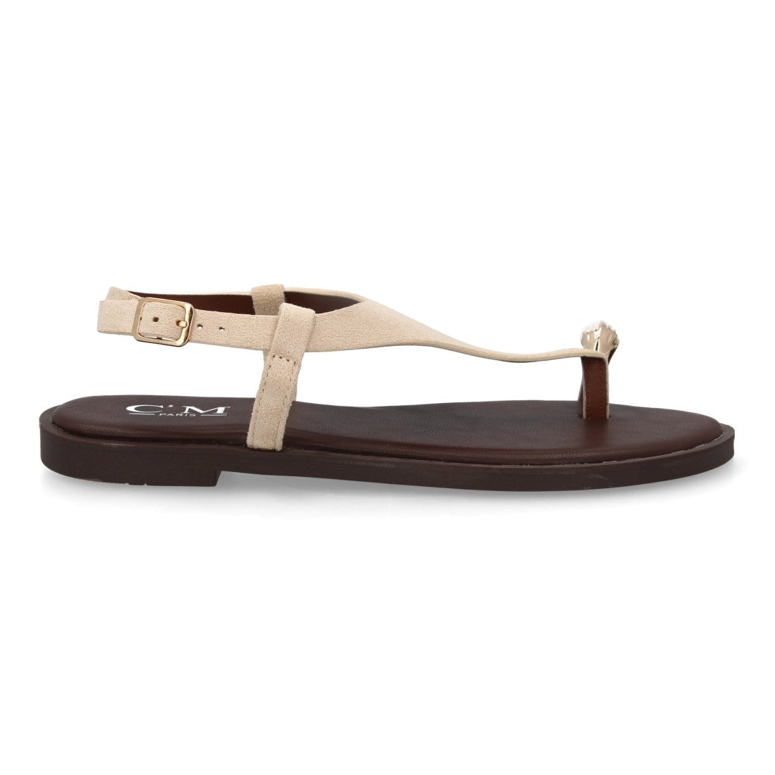 sandalia plana beige minimalista adorno metalico