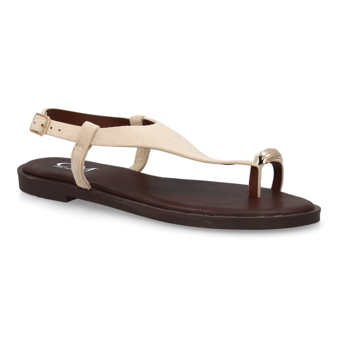 sandalia plana beige minimalista adorno metalico