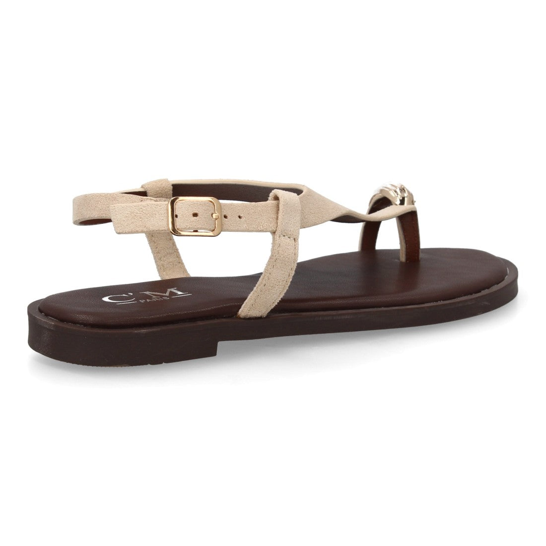 sandalia plana beige minimalista adorno metalico
