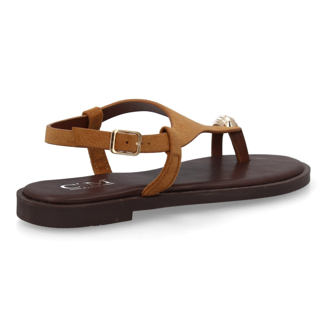 sandalia plana camel tira ancha mujer
